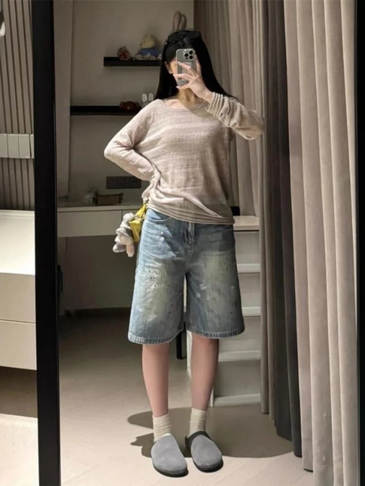 Summer 2026 High Waist Wide Leg Cotton Stretch Denim Shorts Women's Loose Fit Vintage Style Casual Wear Resistant Trousers