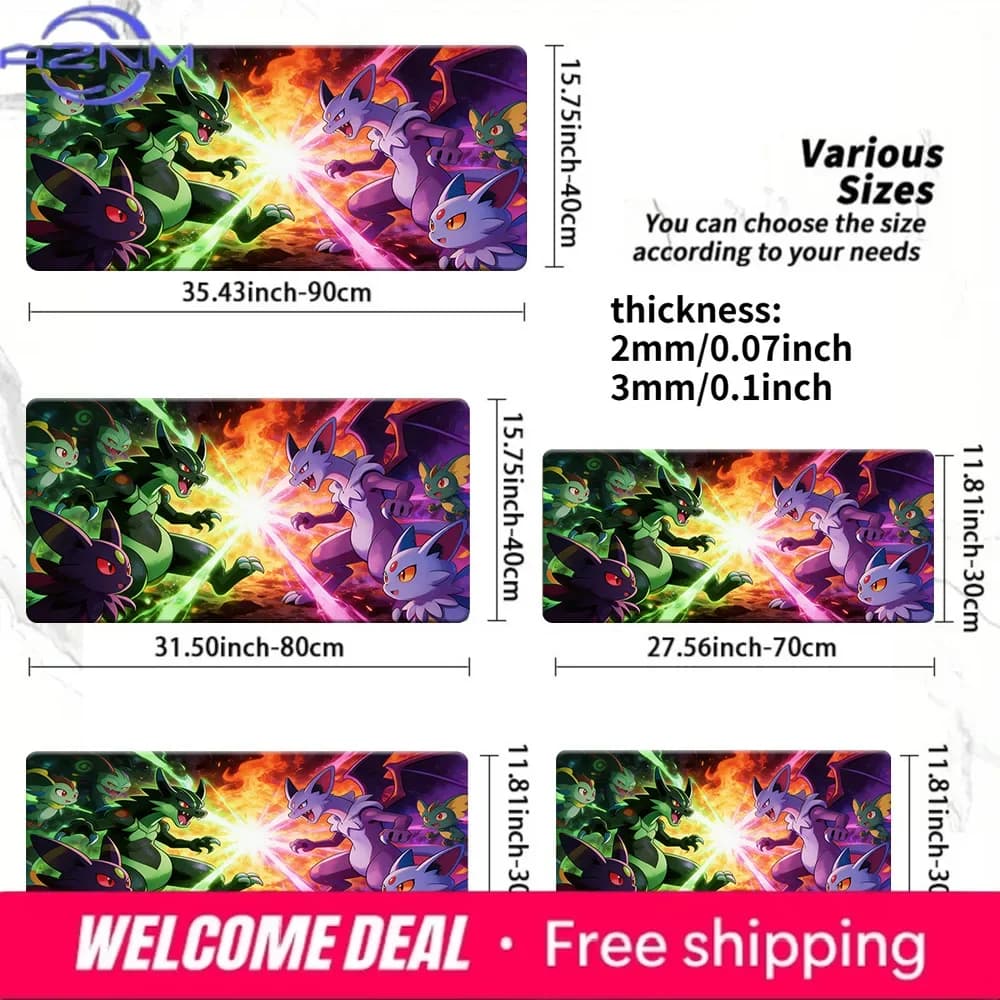 Tappetino per mouse da gioco Epic Pokemon Battle Green vs Purple Fire & Light, tappetino da scrivania antiscivolo