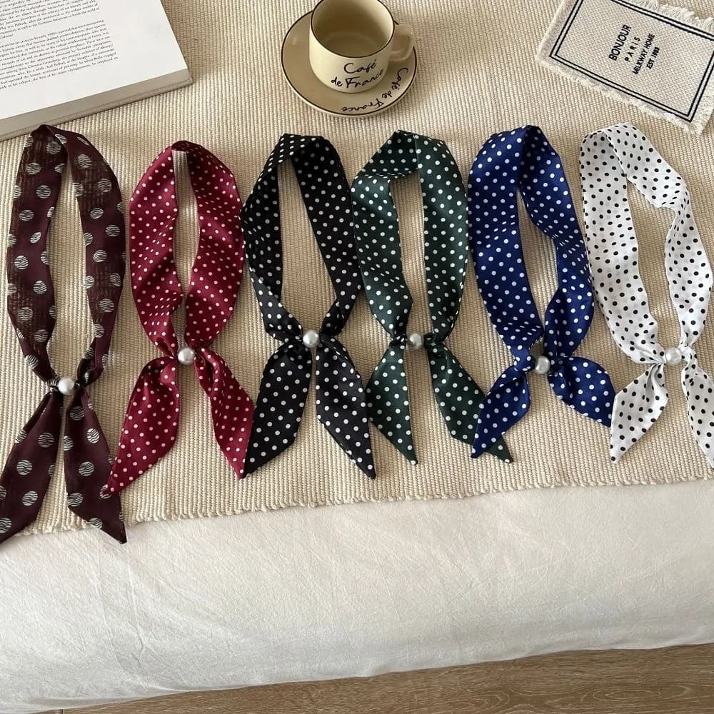 Fashion Vintage Thin Polka Dot Neckerchief Pearl Beads Silk Scarf Necklace French Style Elegant Choker Scarf Shirt Collar