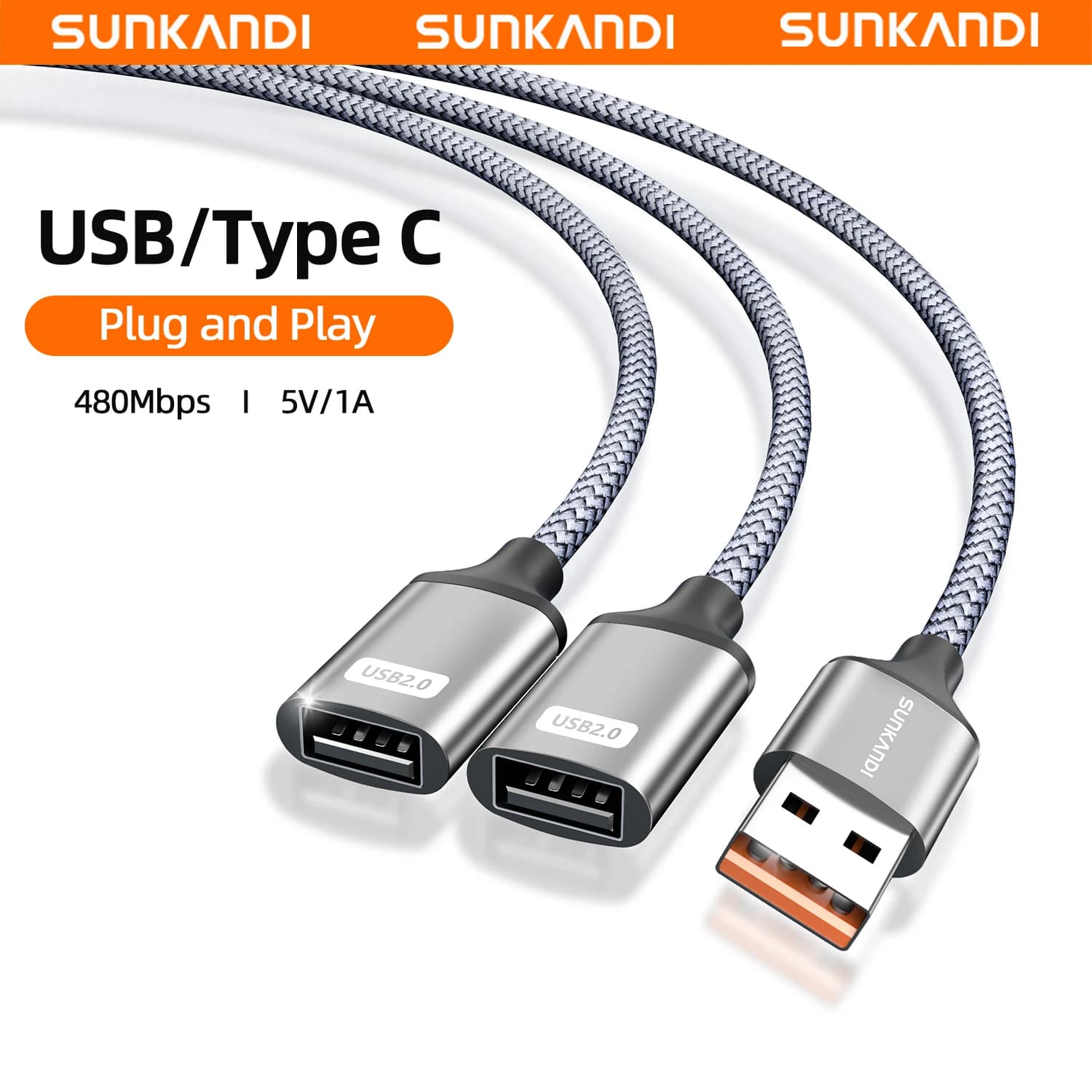 SUNKANDI USB A Splitter, USB 2.0 A maschio a doppio USB femmina Hub Cavo di prolunga per auto, laptop, tastiera, mouse