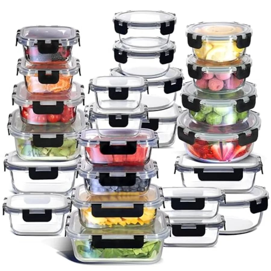 Set di 48 Contenitori in Vetro con Coperchi, 24 Contenitori per Alimenti con Coperchi Ermetici, per Dispensa, Cucina e Preparazione Pasti