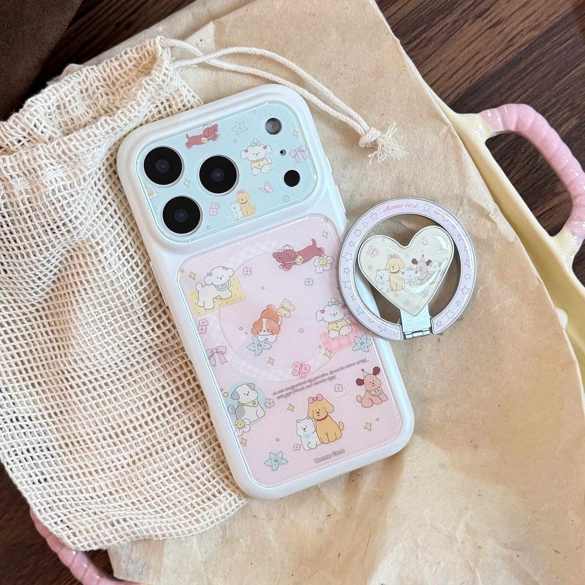 Korean Cartoon Puppy Fold Love Heart Magnetic Bracket Phone Case for iPhone 17 16 15 14 13 Pro Max Shockproof Protective Cover