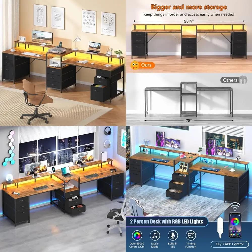 Scrivania Doppia Rustic Brown 98.4 con 9 Cassetti, Luci LED, Presa di Corrente, Spazio di Archiviazione, Ripiano per Stampante e Supporto Monitor