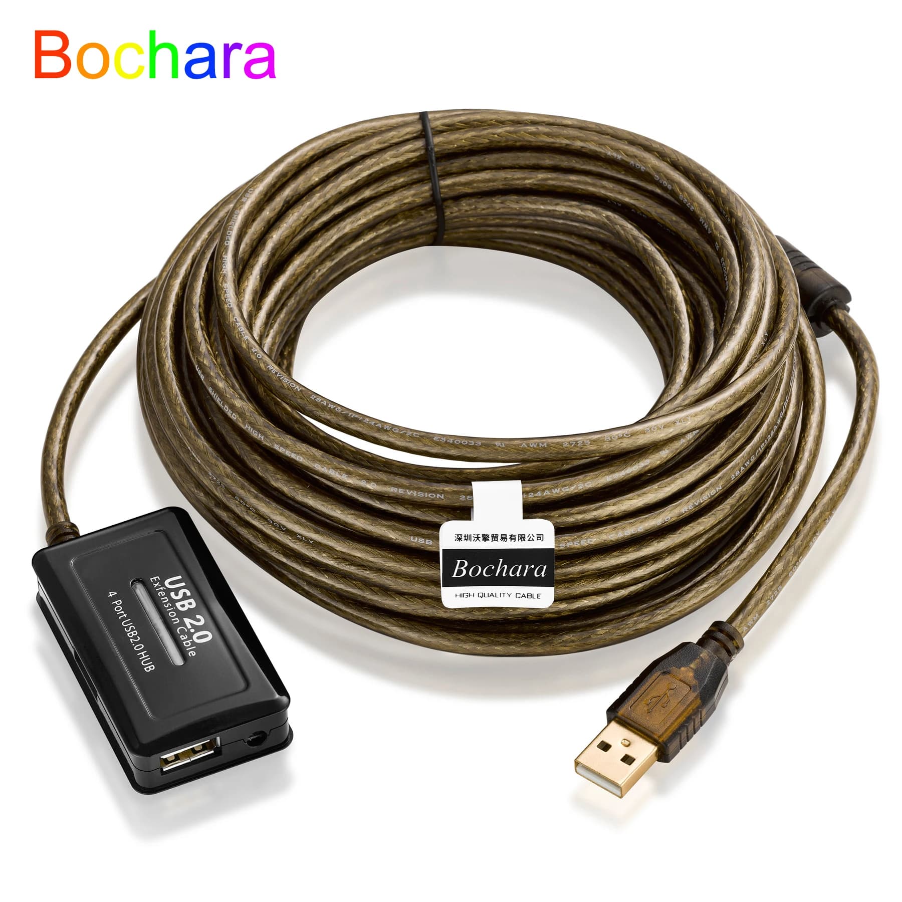 Bochara USB 2.0 4Ports HUB Extension Cable Male to Female Foil+Braided Shielded Built-in IC Chipset Dual Shielded 5M 10M