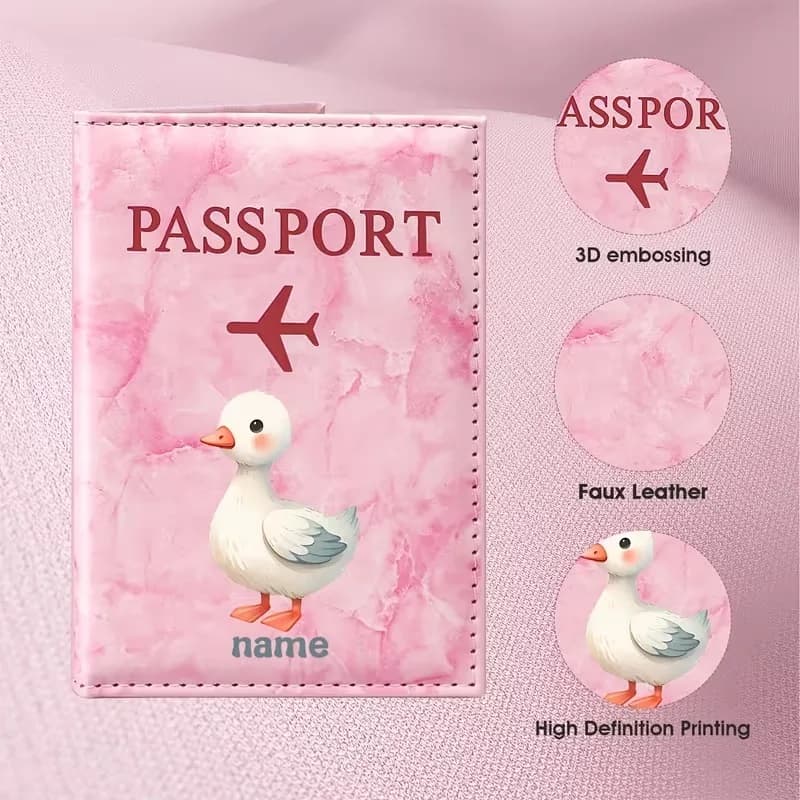 Personalized Custom Name Cute Cartoon Duck Illustration Design Passport Holder, Featuring a White Duck with Orange Webbed Feet