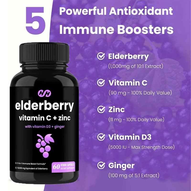 Sambuco contains zinc and vitamin C, vitamin D3 5000 UU and ginger Antioxidant supplement and immune support 5 in 1, 60 capsules