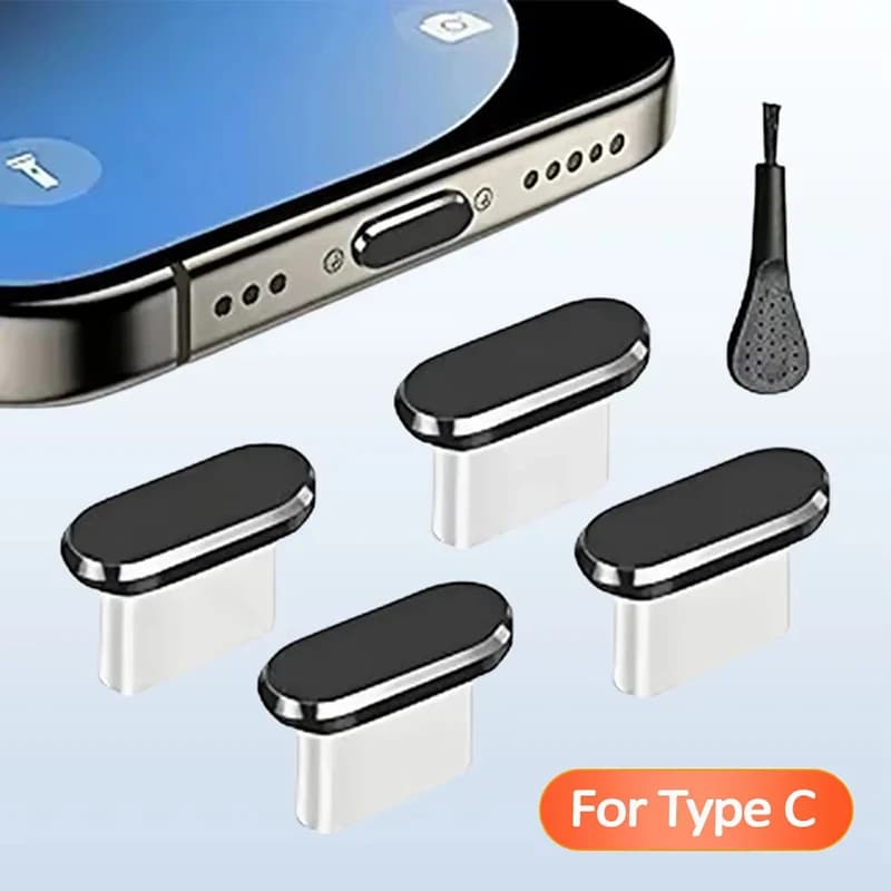 5Pcs Type C Dust Plug With Cleaning Brush Anti Dust Charging Port Cover Caps For Samsung Xiaomi Huawei iPhone 15 16 Smart Phone