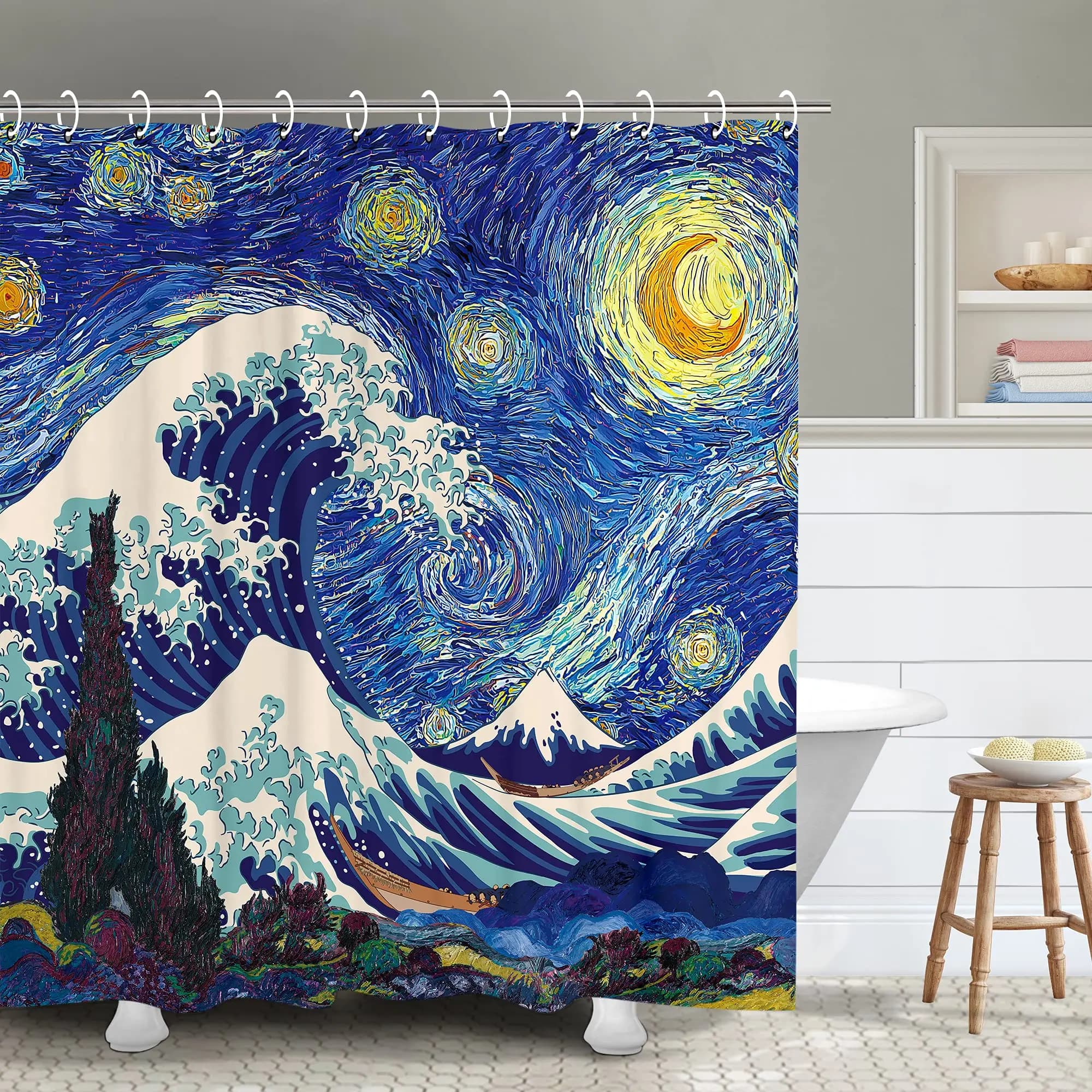 Artistico blu navy la grande ondata tenda da doccia giapponese asiatico Kanagawa anime pittura decorazione set di tende da bagno impermeabili