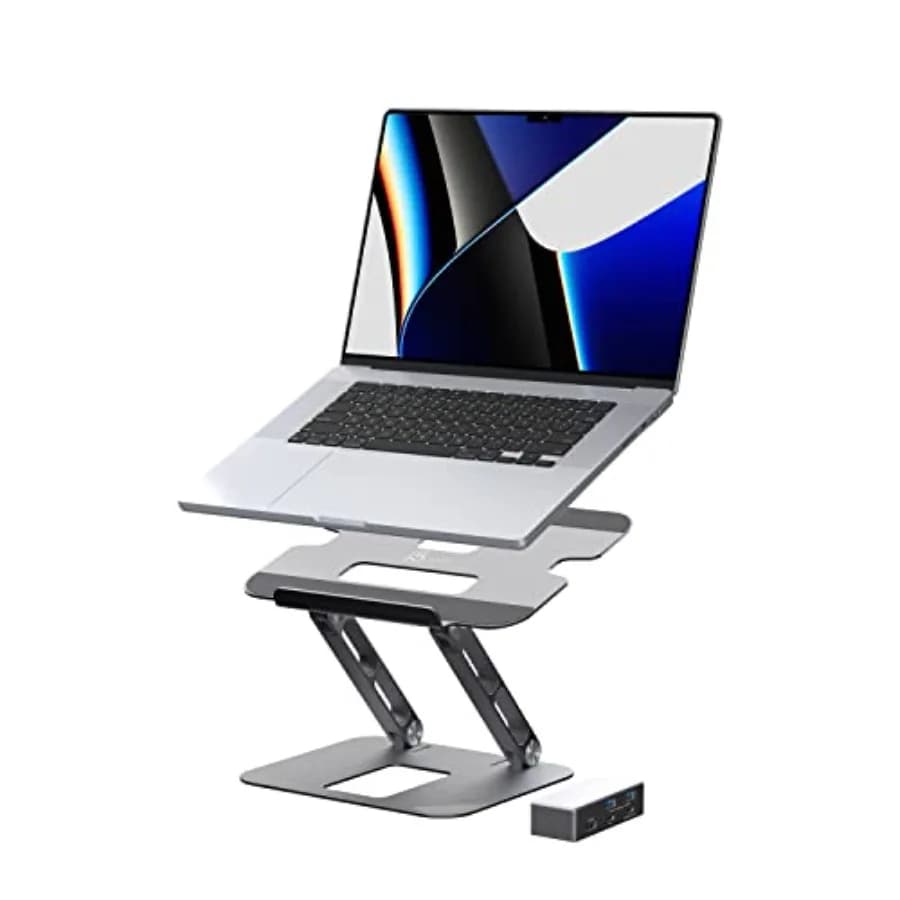Supporto per Laptop per MacBook e Notebook Windows con Riser in Alluminio Argento, Hub Display USB-C 4K HDMI, 2×USB-A 5Gbps, PD 100W USB-C