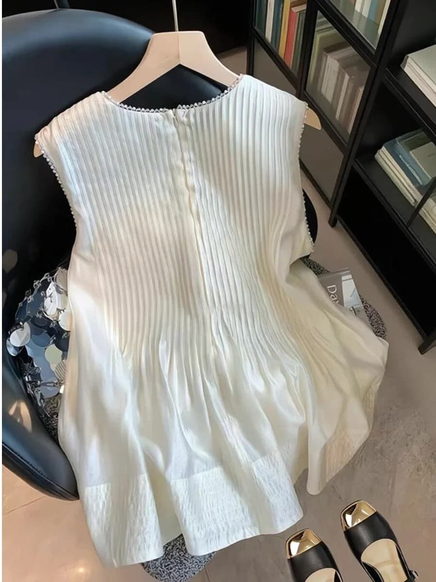 Summer New Slimming Lace Trim Pleated Thin Pearl Sleeveless Shirt Gentle High-End Feeling Casual Loose Polyester Fiber Blouse