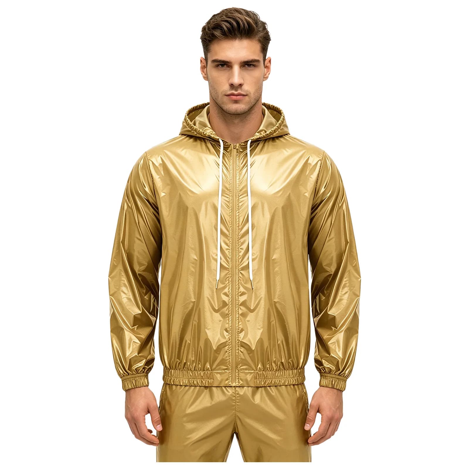 Mens Glossy Waterproof Hooded Jacket Long Sleeve Zipper Drawstring Hood Outerwear Hiking Fishing Windbreaker Raincoat Streetwear