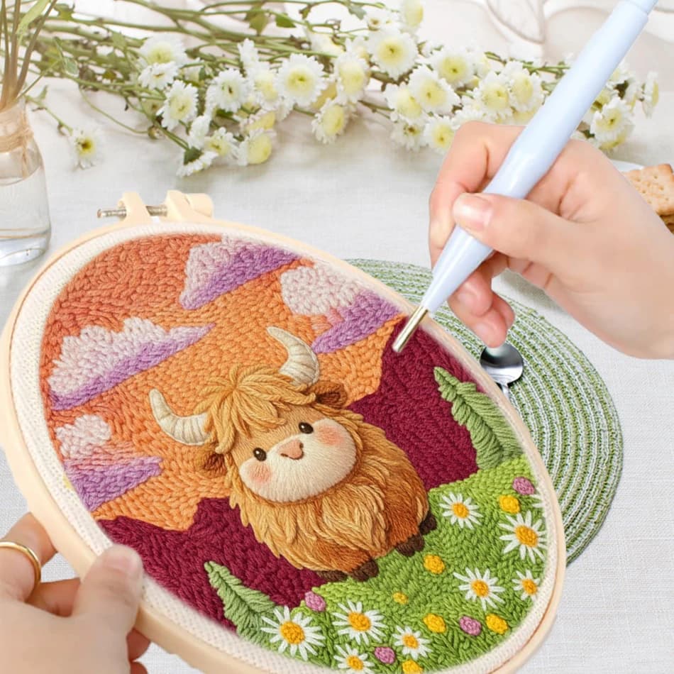GATYZTORY punch needle embroidery package Animals cow Picture Sewing kit embroidery kit for beginners Yarn Tufting Decorative