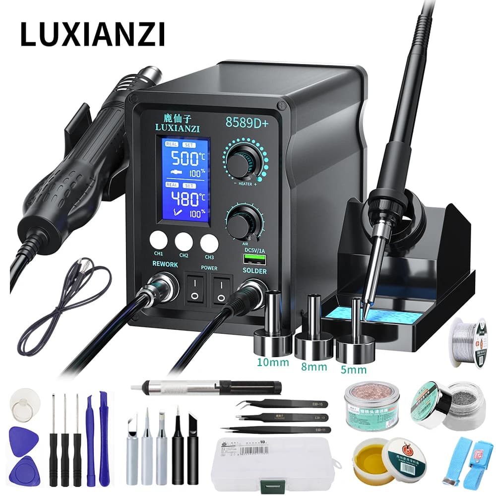 LUXIANZI 8589D + 2 IN 1 Stazione di saldatura con pistola ad aria calda con display digitale a LED per BGA PCB IC Strumento di riparazione Stazione di rilavorazione SMD