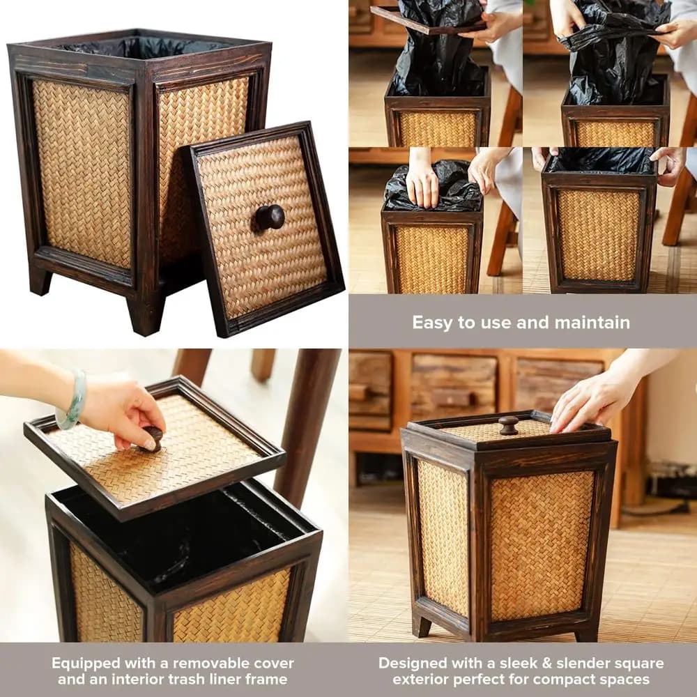Pattumiera quadrata marrone intrecciata a mano da 7 litri con coperchio - Piccolo cestino per rifiuti decorativo per bagno e cucina