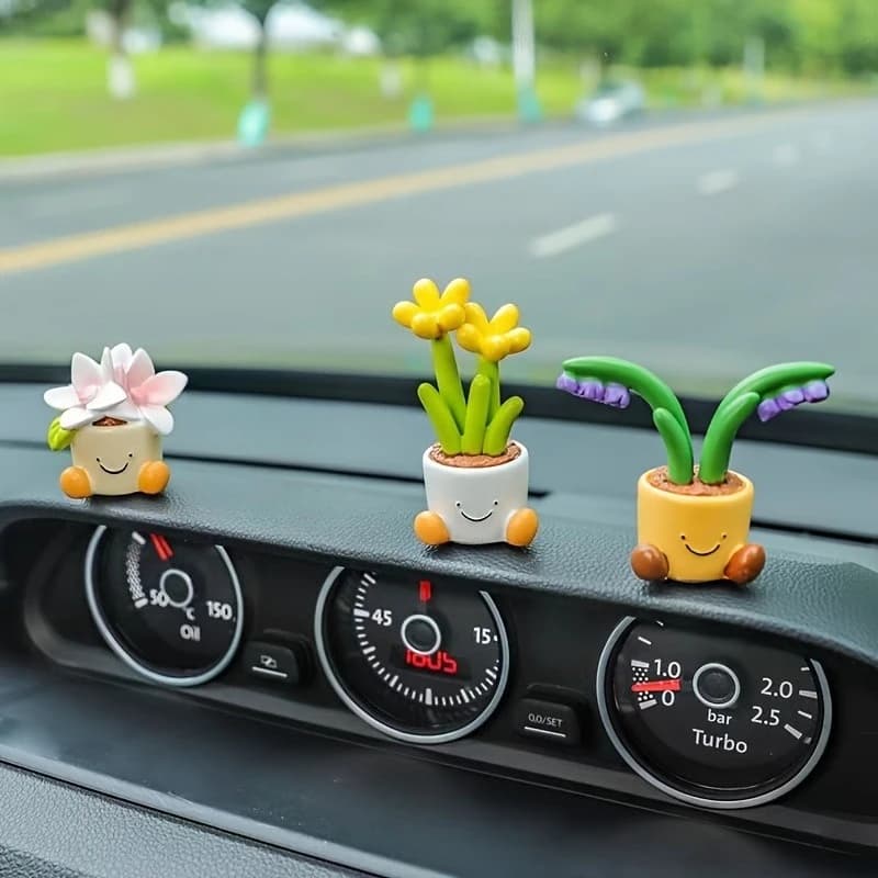 Set di 3 Graziose Figurine di Piante in Vaso Sorridenti, Ornamenti in Resina per Auto e Casa, Mini Decorazioni per Interni