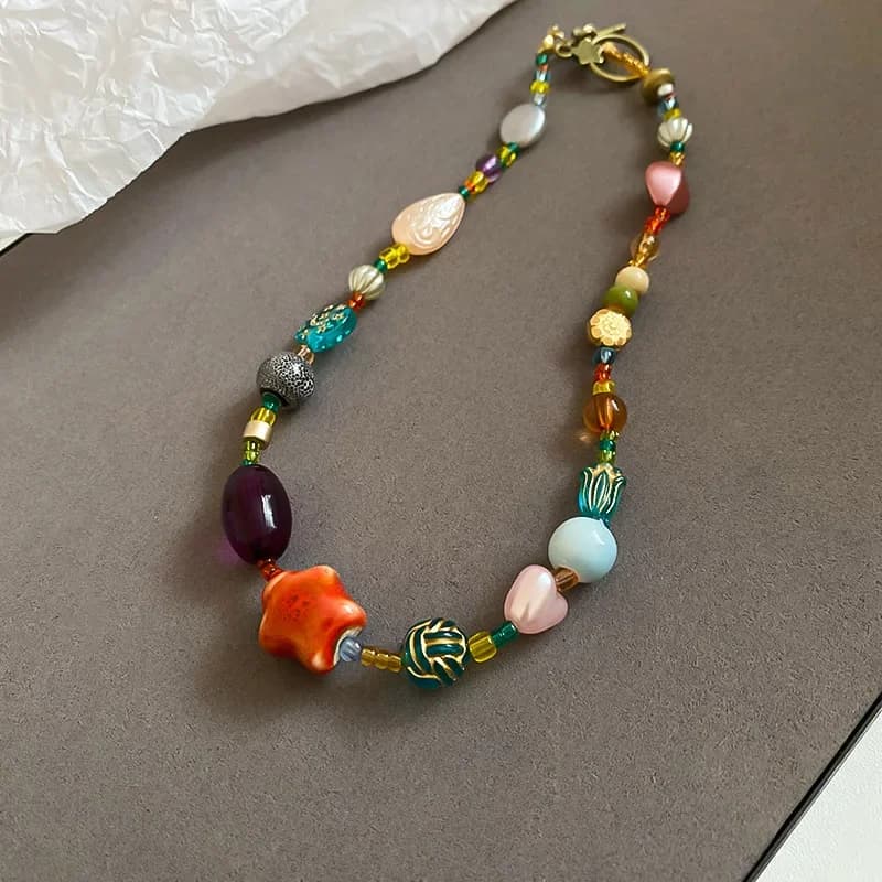 Collane girocolli in vetro ceramico colorato dopamina per donna Collana con perline geometriche con stella a forma di cuore e stella Catena con clavicola in stile etnico