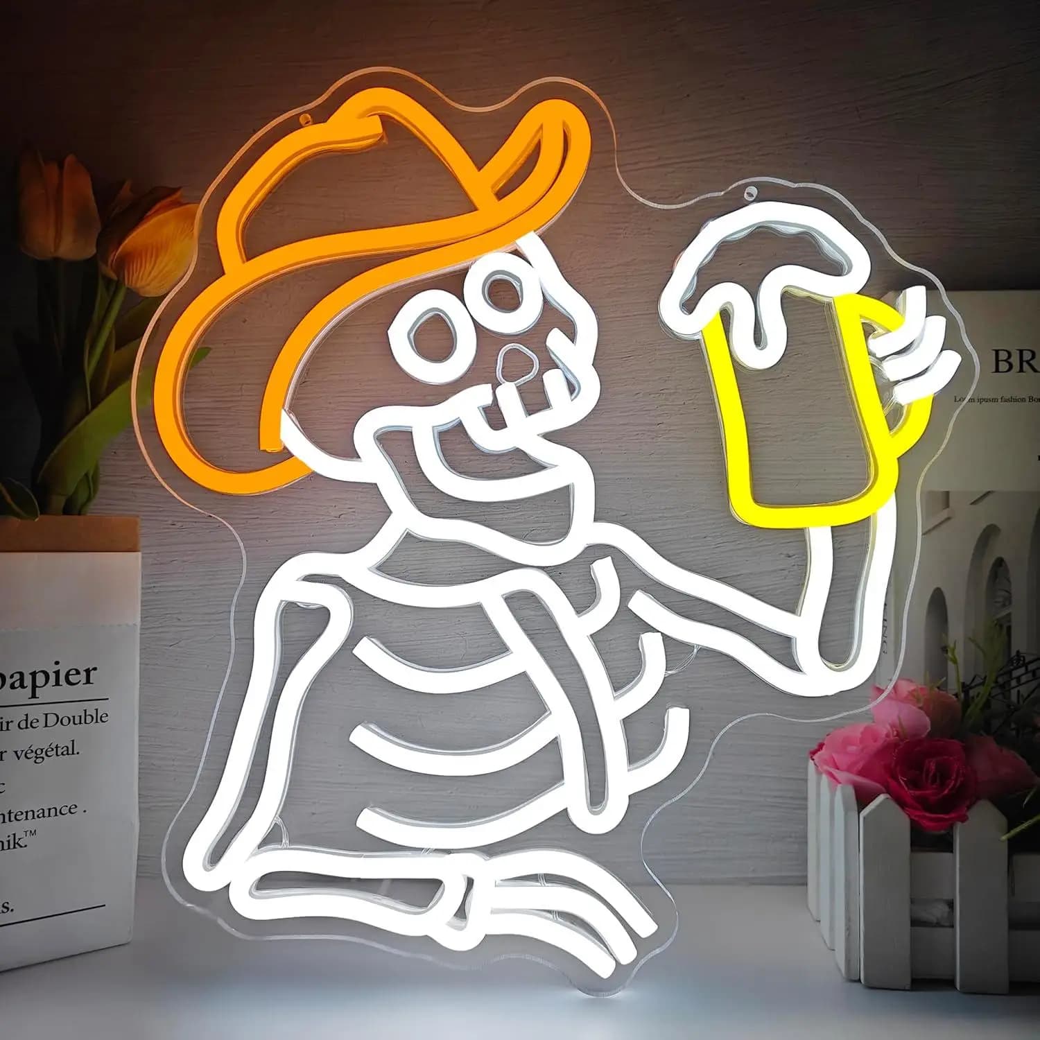 Insegna al Neon LED Dimmerabile a Forma di Teschio di Cowboy Scheletro per Bar Western, Camera da Letto, Decorazione Man Cave, Regali per Uomini, Luce Notturna