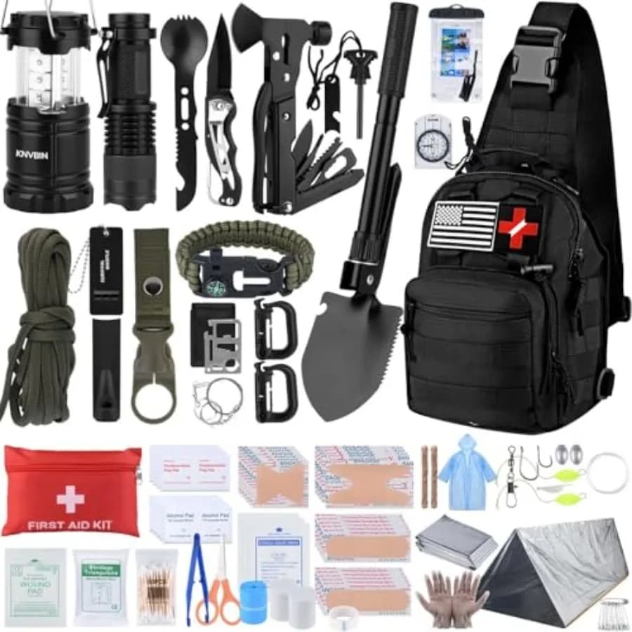 Kit di Sopravvivenza, 250 Pezzi di Attrezzi Tattici e Borsa per Traumi, Kit di Pronto Soccorso con Borsa a Tracolla Molle e Kit di Emergenza
