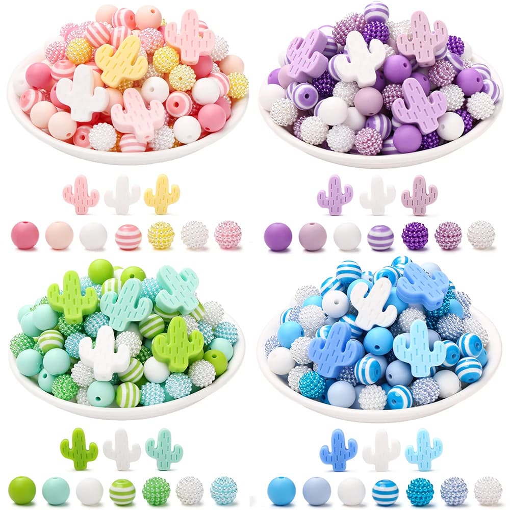 76 Pz 12mm Silicone Acrilico Perline Rotonde Set Silicne Cactus Perline Focale FAI DA TE Bambino Ciuccio Catena Massaggiagengive Braccialetto Creazione di gioielli