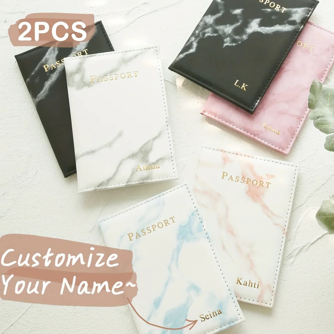 2PCS Custom Couple Passport Holder Set Hot Stamping Name Passport Holder Chic Marble Pattern Passport Cover Travel Accessories