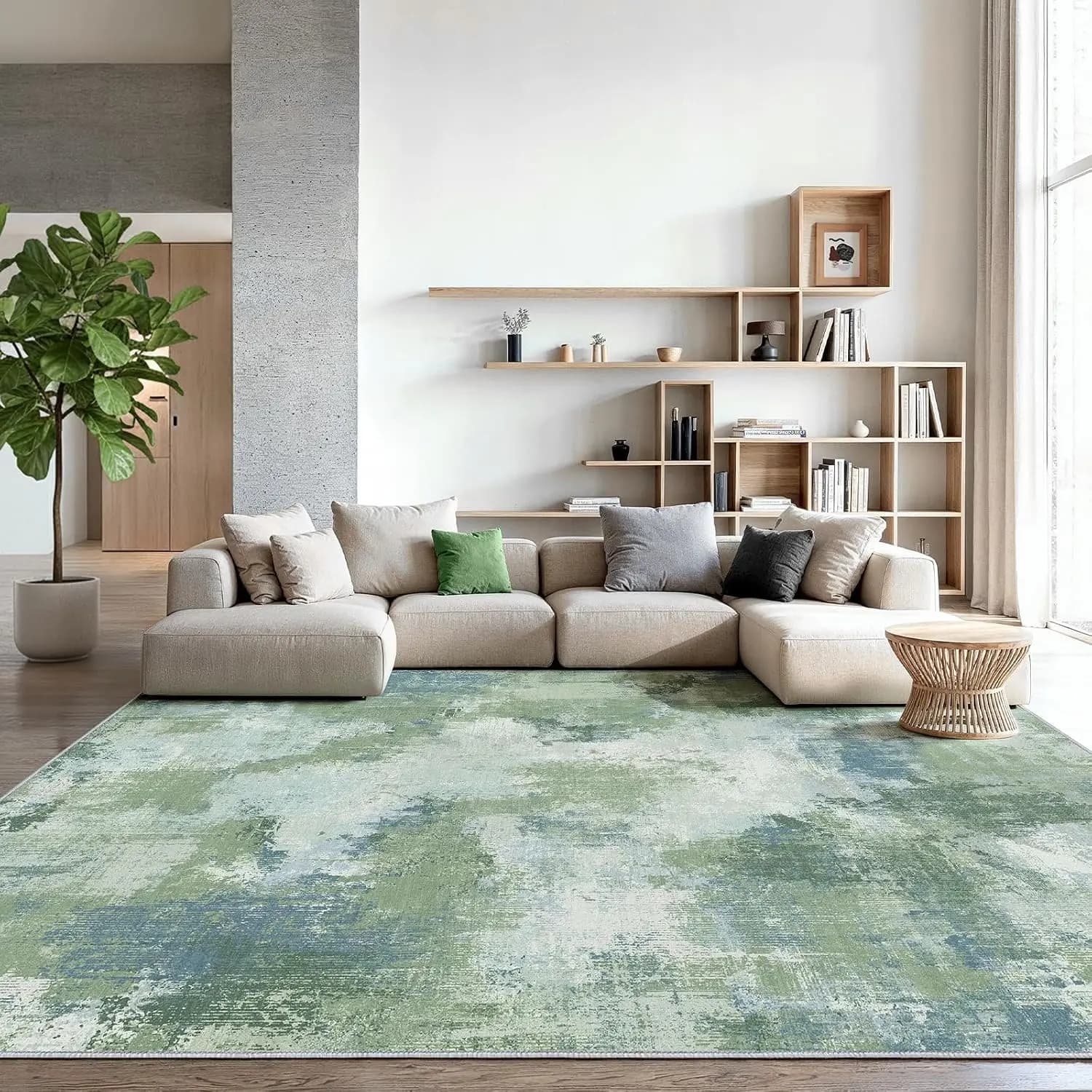 Polypropylene Area Rug, Modern Transitional Pattern Floor Carpet For Living Room Dining Area And Bedroom, Durable Non Slip Large Indoor Mat, Green Single Pack