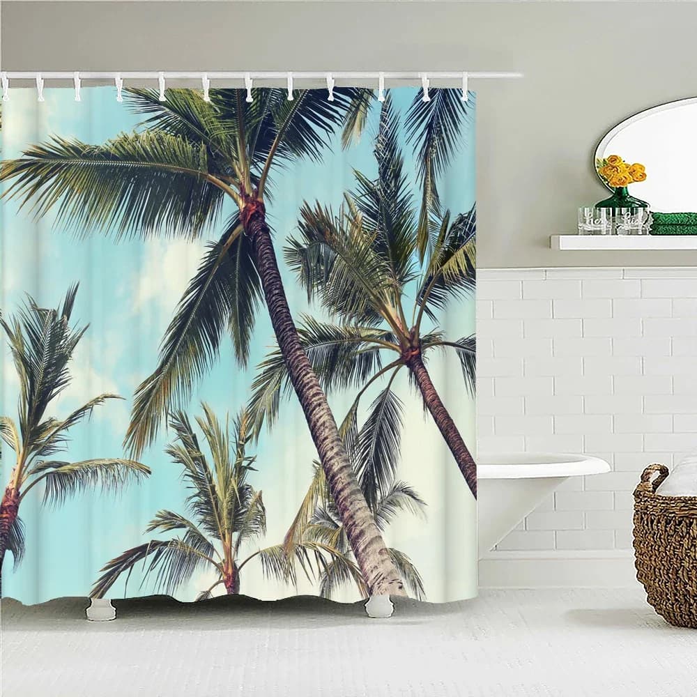 Tropical Beach Ocean Boat Palm Tree Landscape Shower Curtain Waterproof Polyester Fabric Bathroom Curtain With Hooks Quick Dry W