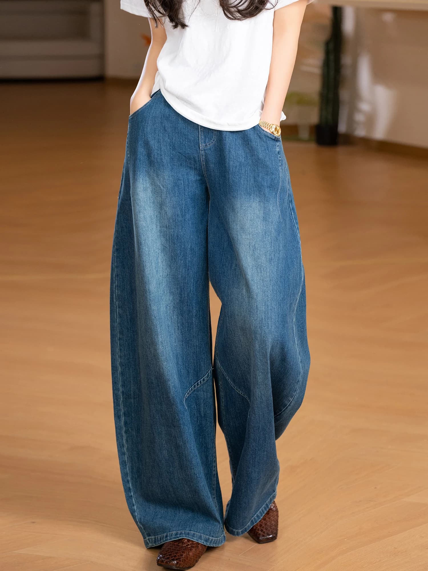 Retro Style Women's Jeans Elastic Waist Patchwork Cotton Scythe Knife Loose Fit Natural Waist No Stretch Spring Season