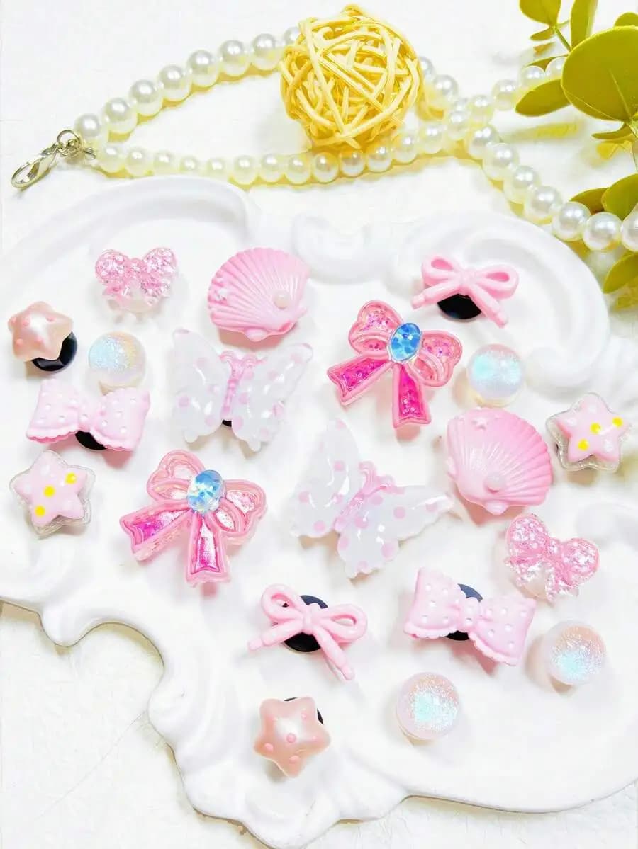 20pcs Pink Bow Butterfly Shell Star Shoe Charms For Women Sandals Slippers Decor Accessories