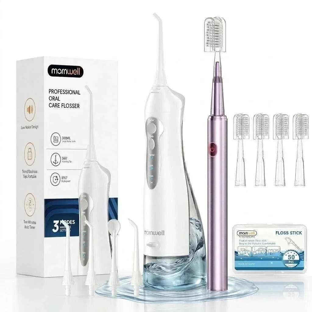 Combo Idropulsore e Spazzolino Elettrico - Idropulsore Senza Fili per Denti - Spazzolino Elettrico Sonico a 3 Modalità e 4 Testine