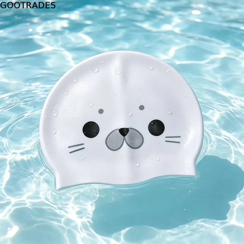 Women Girls Waterproof Seal Swim Cap Ear Protection Comfortable Silicone Swimming Hat Elastic Non-Slip Cartoon Swim Cap Unisex