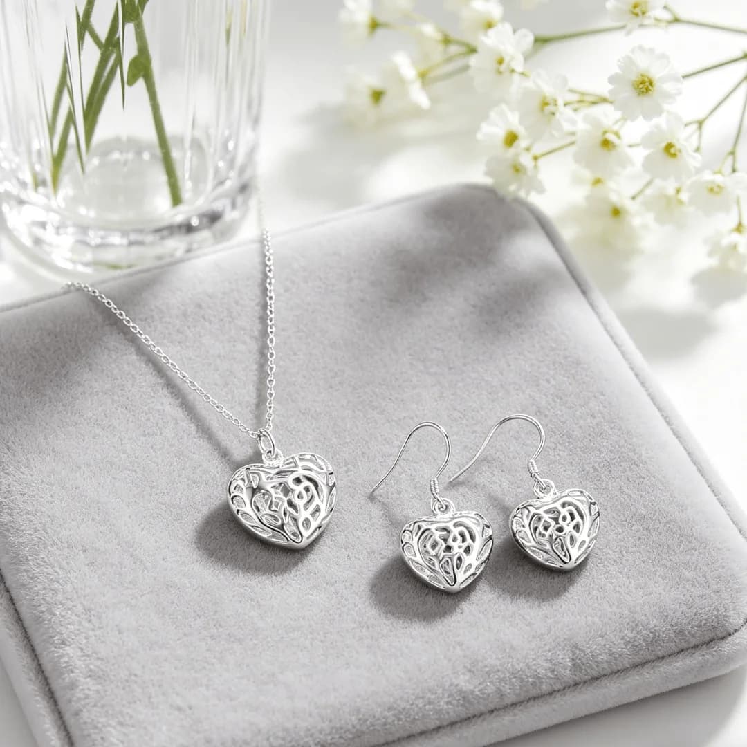 Collana e Orecchini di Lusso in Argento Sterling 925 con Pendente a Cuore Minimalista per Donna, Set di Gioielli Moda Streetwear