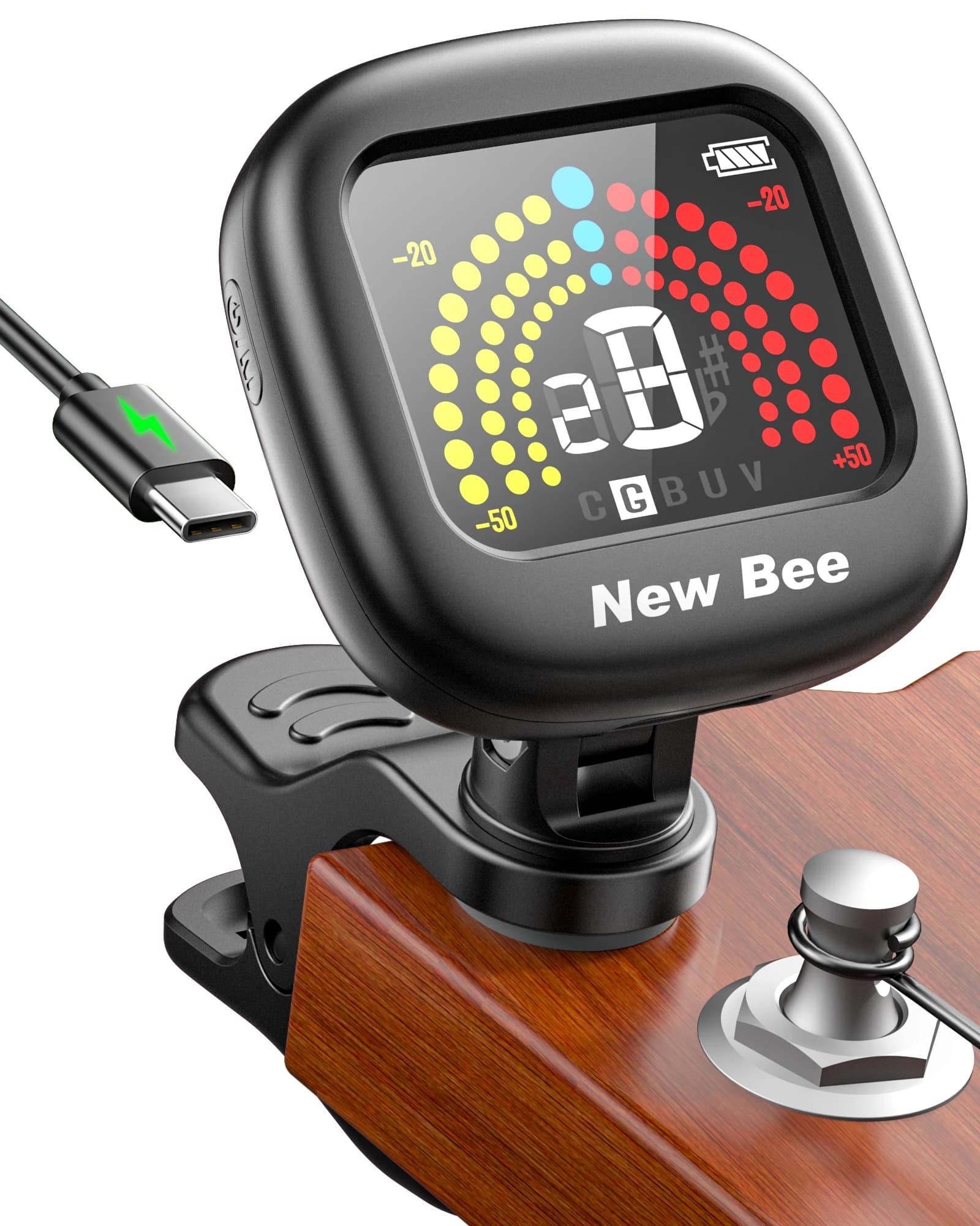 Nuovo Accordatore per Chitarra Bee GT40 con Clip e Schermo a Colori 360° ° Accordatore Acustico Cromatico Rotante per Chitarra, Basso, Ukulele, Violino, Violoncello
