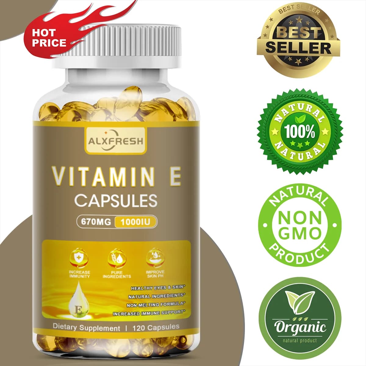 Alxfresh Vitamina E 670 mg (1000 UI) Integratore Alimentare - Antiossidante Naturale per il Supporto della Respirazione Cellulare e della Salute Cardiovascolare