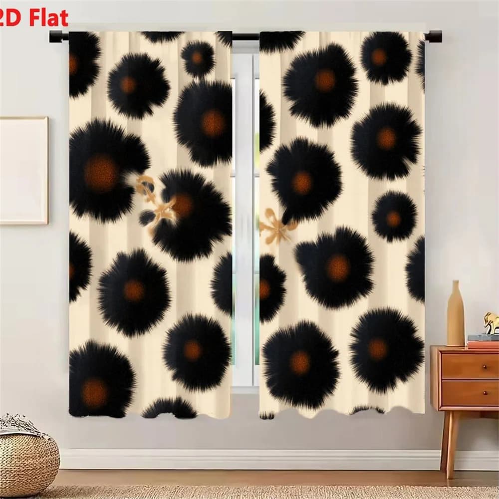 2Pcs Curtains 2D Flat Seamless Pattern With Black Fuzzy Flower - Like Shapes Orange Centers On Light Beige Background Repeating