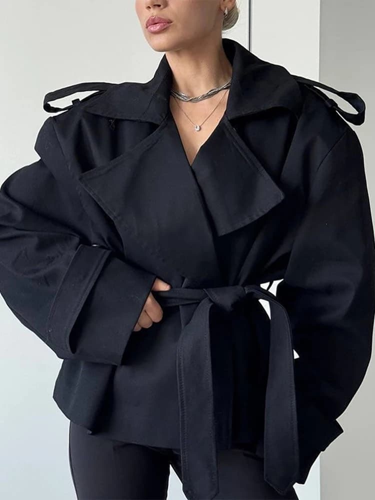 Women's casual windbreaker, elegant with belt, revers, long sleeves, double-breasted, female wide coat, spring-neck, office and commuting, novelty