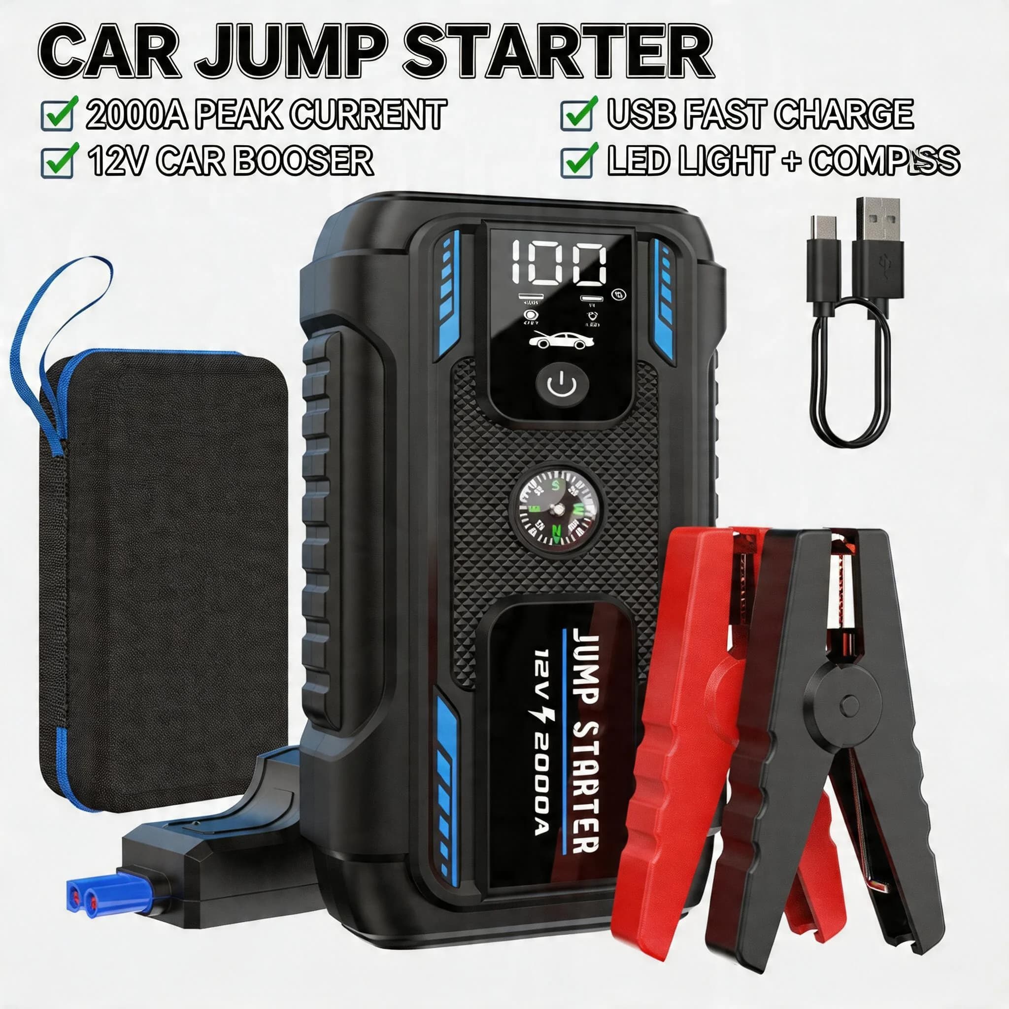 Avviatore d'Emergenza Portatile 2000A, Caricabatterie Rapido per Auto, Dispositivo di Avviamento e Power Bank per Emergenze Veicolari