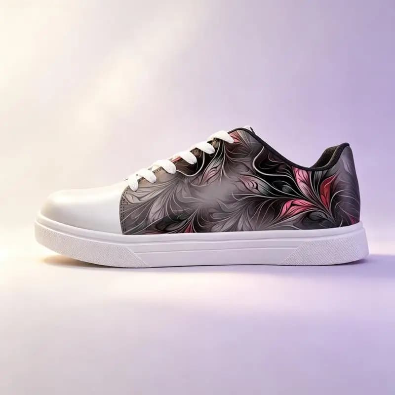 Ladies Men's road running shoes，White sneakers with printed design，Various sizes available，Abstract fractal pattern design，Light