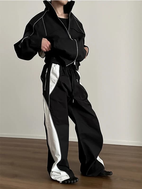 Set Sportivo Casual Stile Americano con Giacca Riflettente a Collo Alto e Design a Blocchi di Colore, Alta Decomposizione e Assemblaggio, alla Moda, per il Tempo Libero