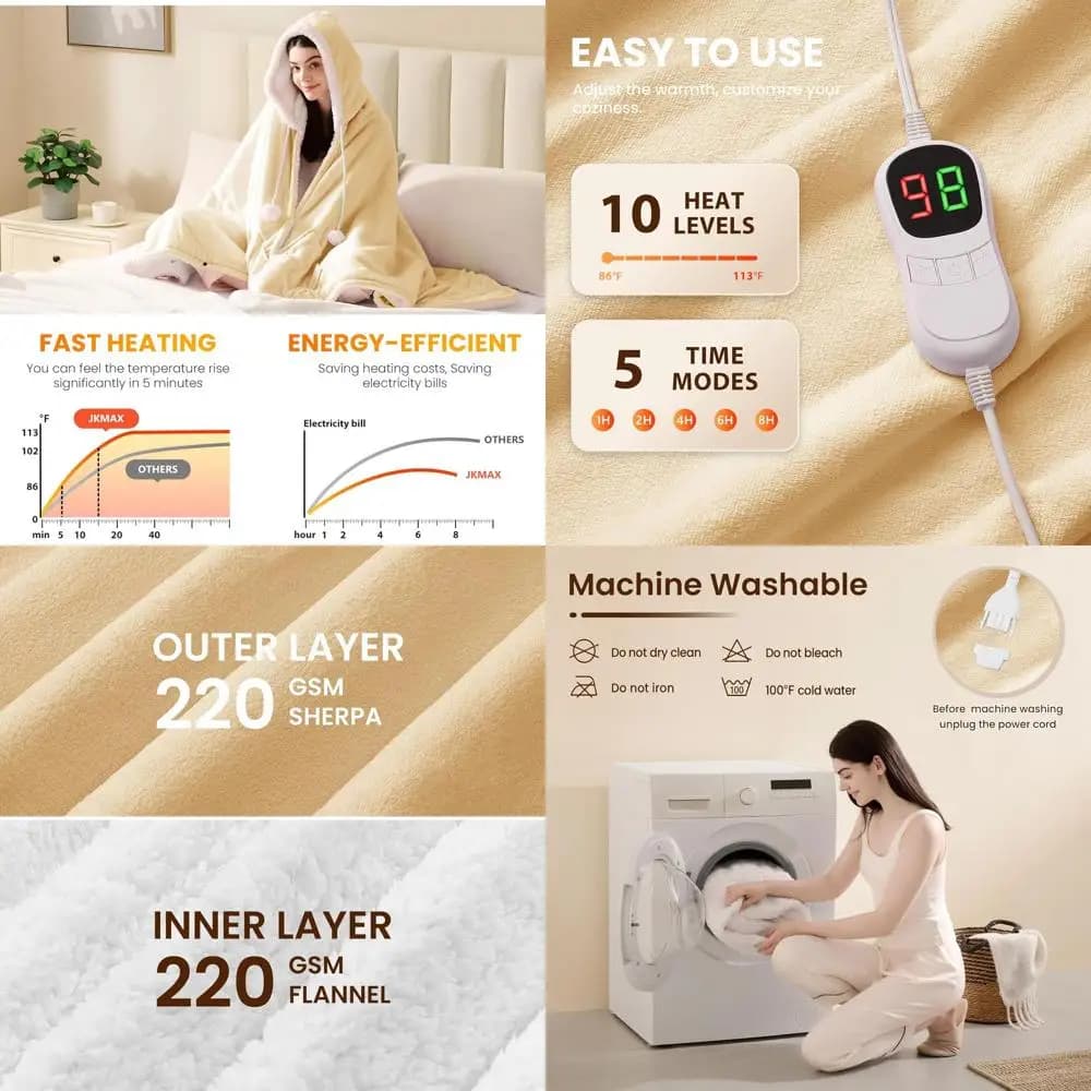 Scialle coperta elettrico indossabile - Coperta riscaldata con calore a 10 livelli e spegnimento automatico, 40x70 pollici, Beige