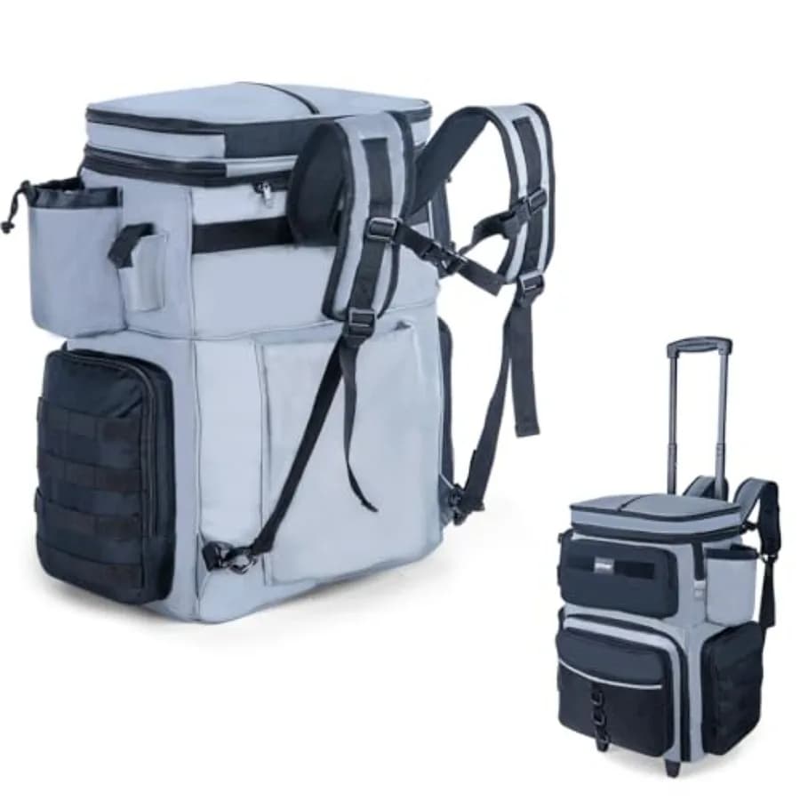 Borsa da Pesca con Ruote 66L, Grigia, Grande, con Vano Refrigerante, per 5 Vassoi 3700, Resistente all'Acqua Salata, Zaino Porta Attrezzatura