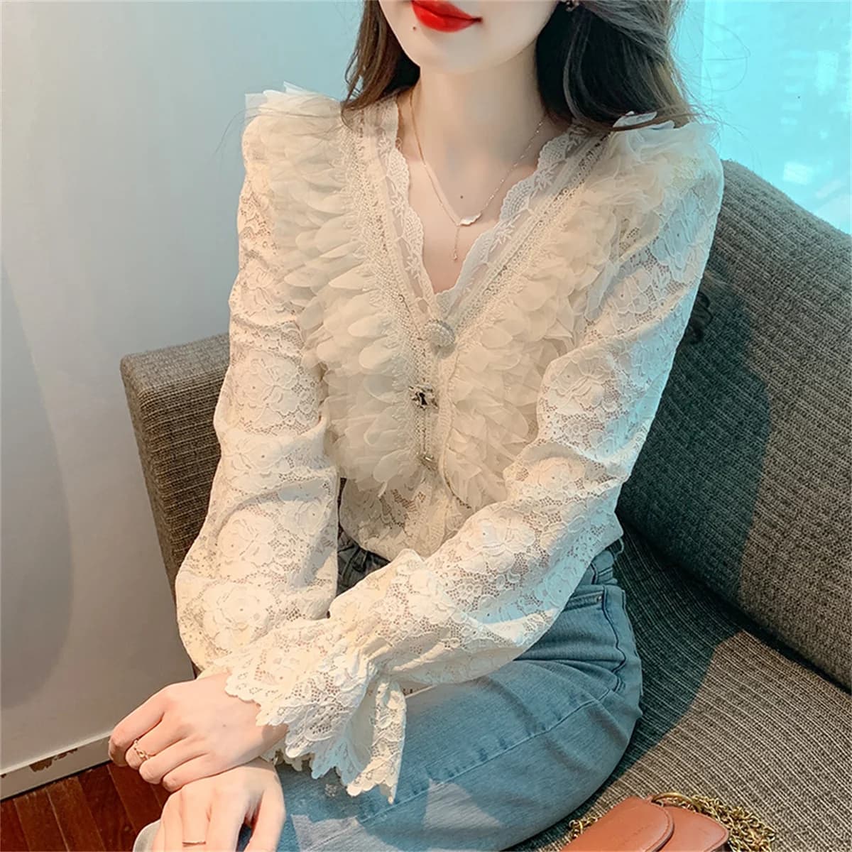 2025 Fall New Arrival Slimming V-Neck Long-Sleeve Lace Blouse Women's Top Elegant Lady Layer Ruffles Trim Base Shirt
