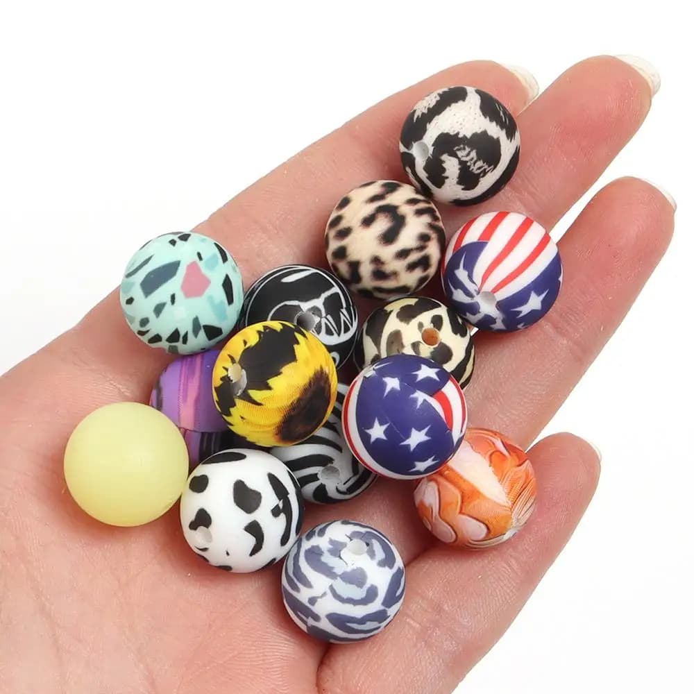 5Pcs 15mm Colorful Print Leopard Pattern Silicone Beads Ball Shape Loose Bead For Jewelry Making Diy Bracelet Necklace Accessory