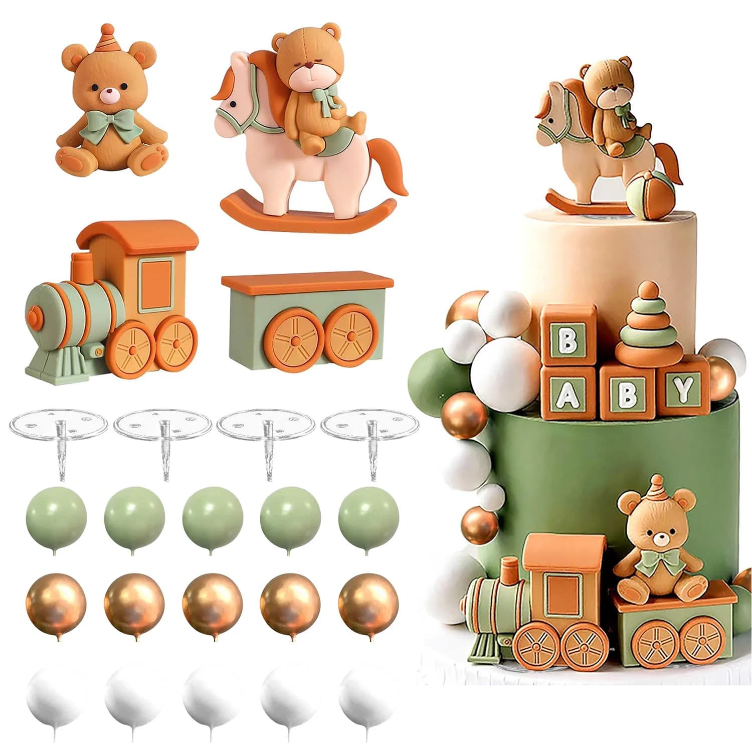 Sage Green Bear Cake Decoration Baby Bear Natural Baby Shower Cake Topper Bears Train Cake Decoration Baby Shower Birthday Cake