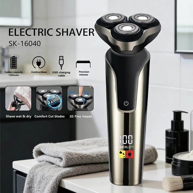 Rasoio Elettrico da Uomo Wet & Dry con Sistema di Taglio a 3 Lame, Rasoio Impermeabile a Movimento Alternato, Regolabarba Ricaricabile USB
