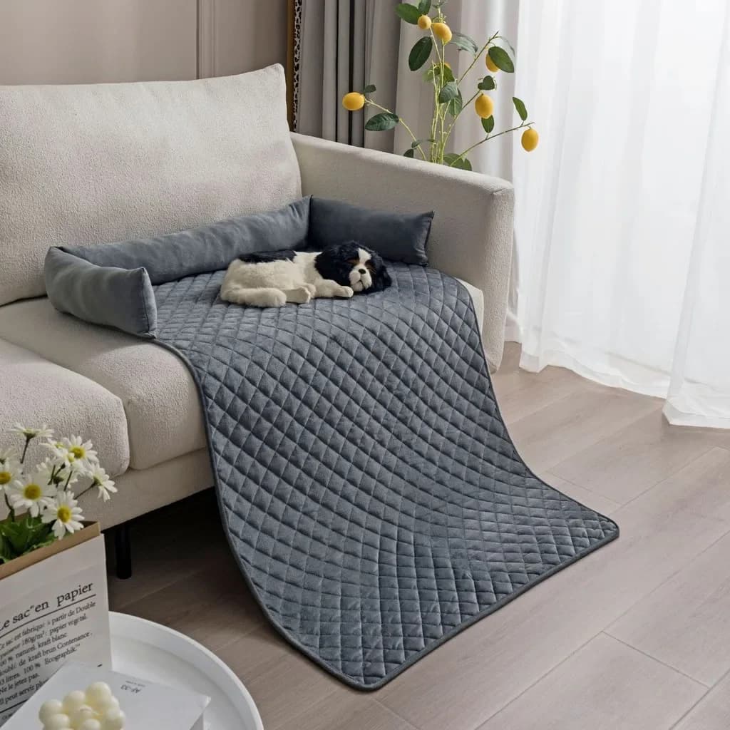 Plush Pet Sofa Cushion with Pillow Reusable Indoor Anti-slip Cat Dog Calming Nest Supplies Winter Solid Color Puppy Sleeping Pad
