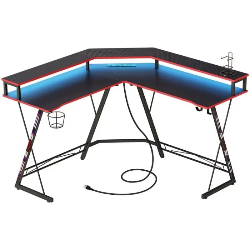 # L-shaped gaming desk with LED lights and charging station, computer corner desk with headphone hooks
