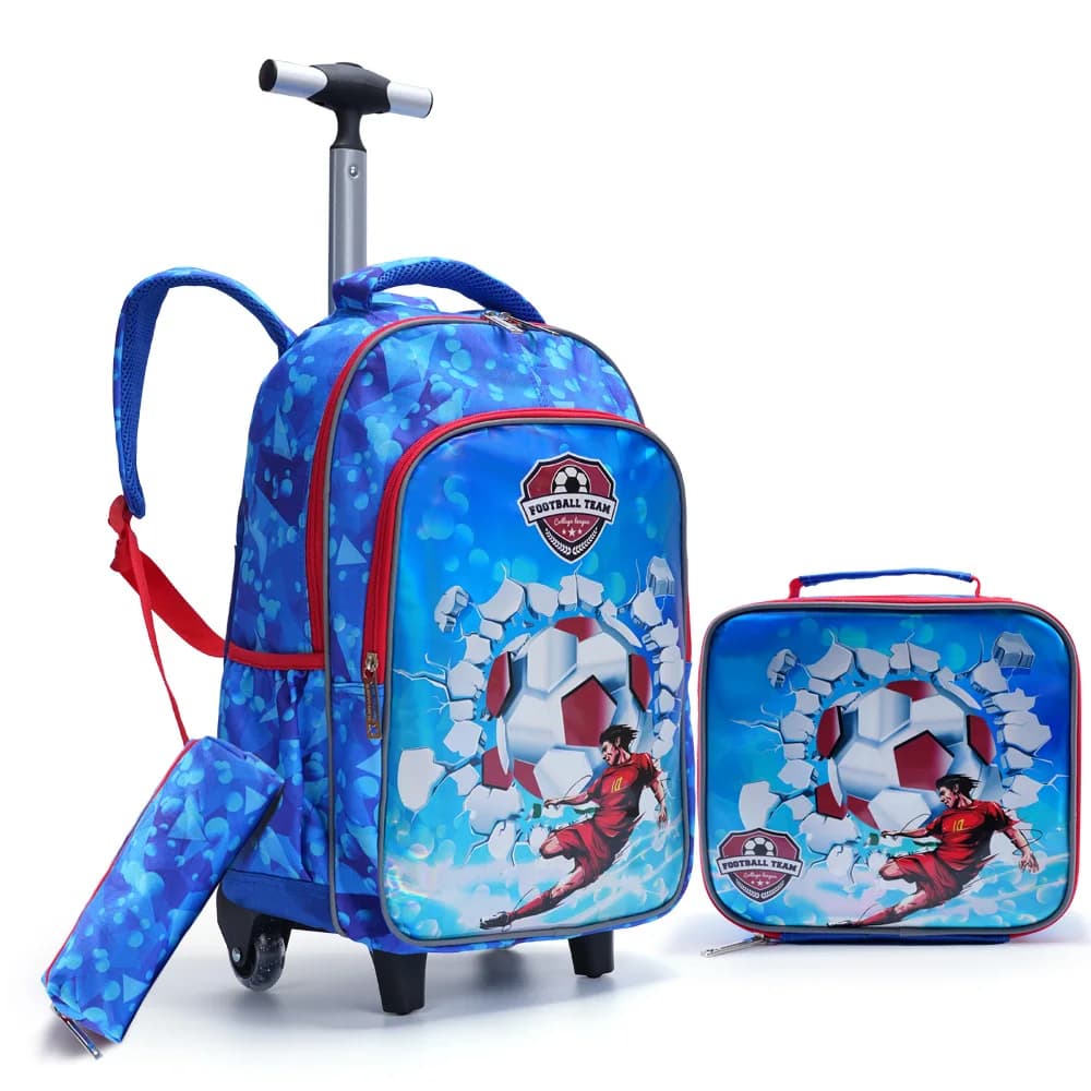 Set di 3 Borse da Viaggio per Bambini, Valigia con Ruote, Zaino con Scomparto Pranzo e Astuccio, Motivo Calcio Cartoon, Riflettente Notturno
