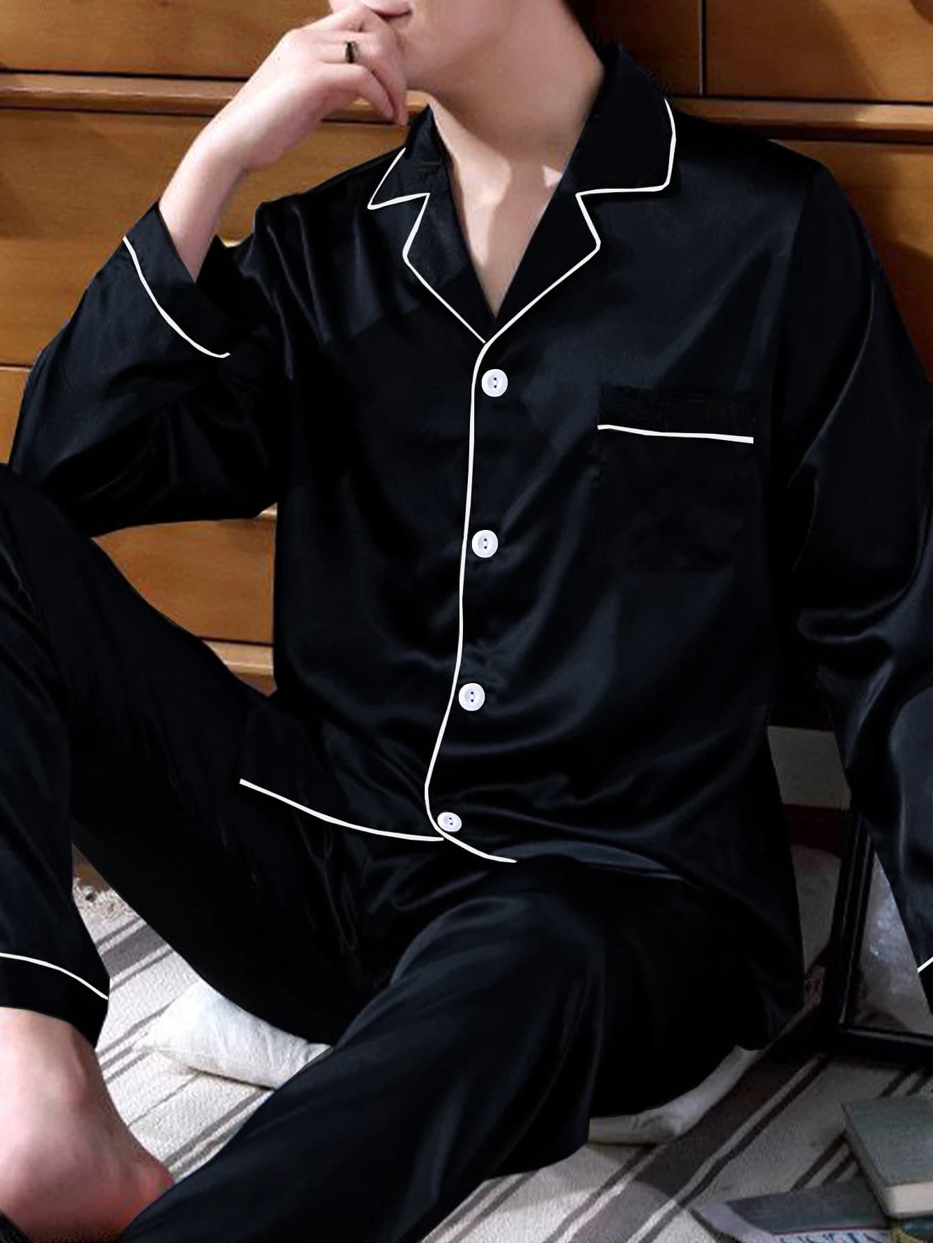 Set da due pezzi pigiama da uomo autunno e inverno pantaloni a maniche lunghe in raso di seta casual semplice set da notte in tinta unita