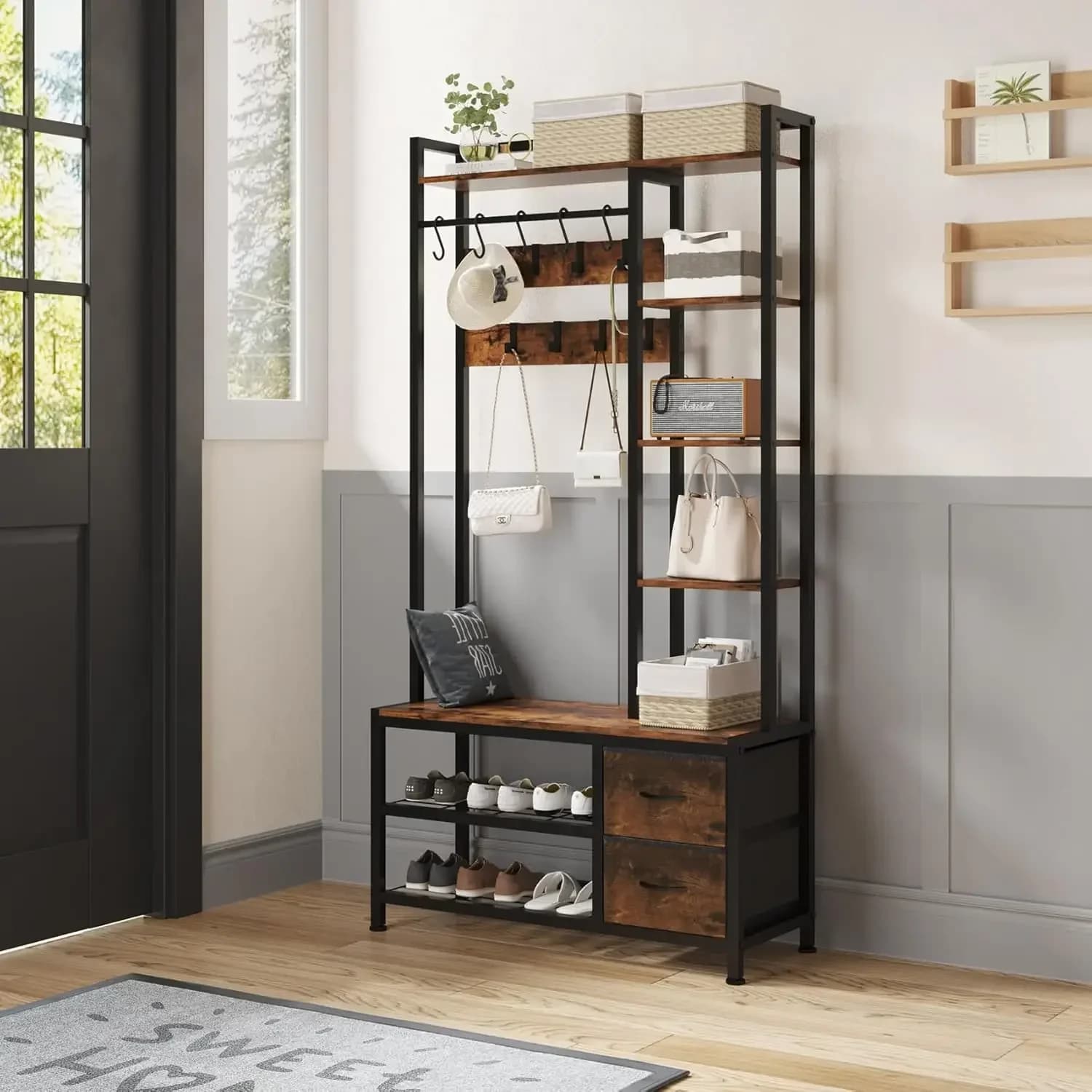 Hall Tree with Bench Storage and Shoes Storage Hall Tree with Drawers and Shelves for Bedroom 6 in 1 Entryway Organizer
