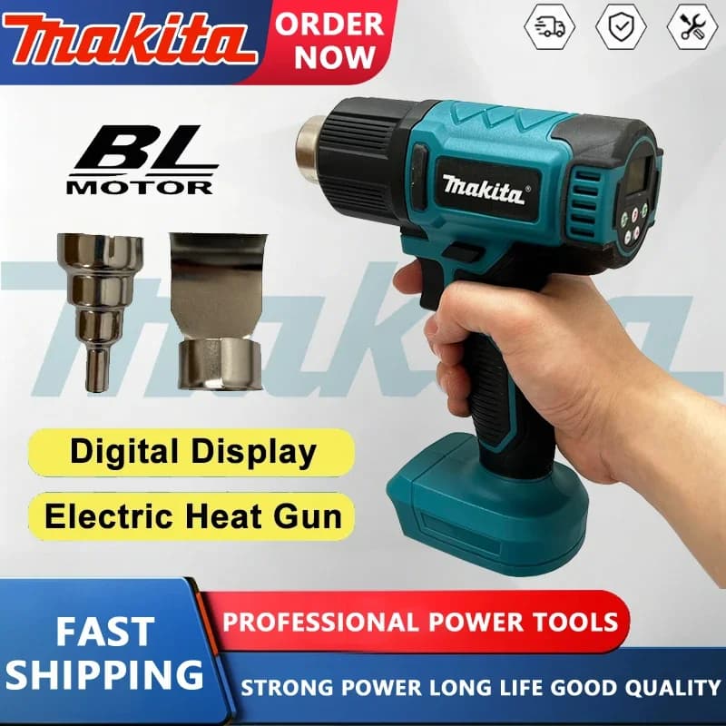 Pistola ad Aria Calda Elettrica Makita con Display Digitale, Senza Fili, 2 Ugelli, per Imballaggio Termoretraibile Industriale, Compatibile con Batteria 20V